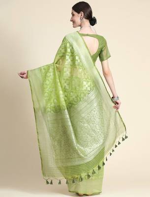 Ethnic Motifs Woven Design Zari Pure Linen Jamdani Saree 4