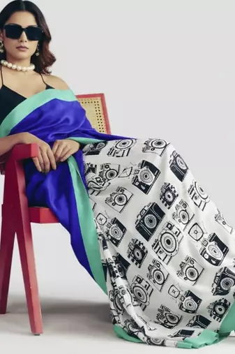 Blue color smart and designer printed ready to wear satin saree
