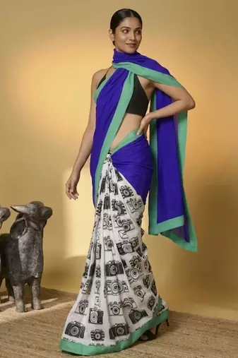 Blue color smart and designer printed ready to wear satin saree
