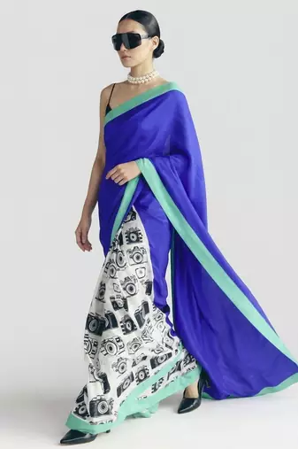 Blue color smart and designer printed ready to wear satin saree