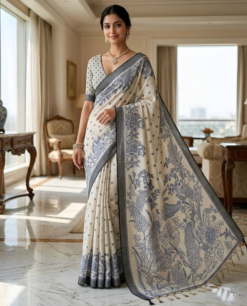 blue color cotton blend designer ethnic partywear saree