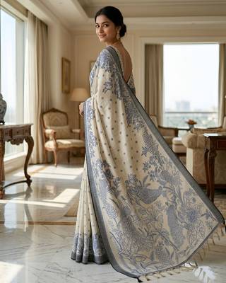 blue color cotton blend designer ethnic partywear saree 2