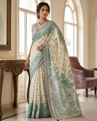 green color cotton blend designer ethnic partywear saree 1