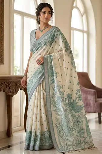 green color cotton blend designer ethnic partywear saree