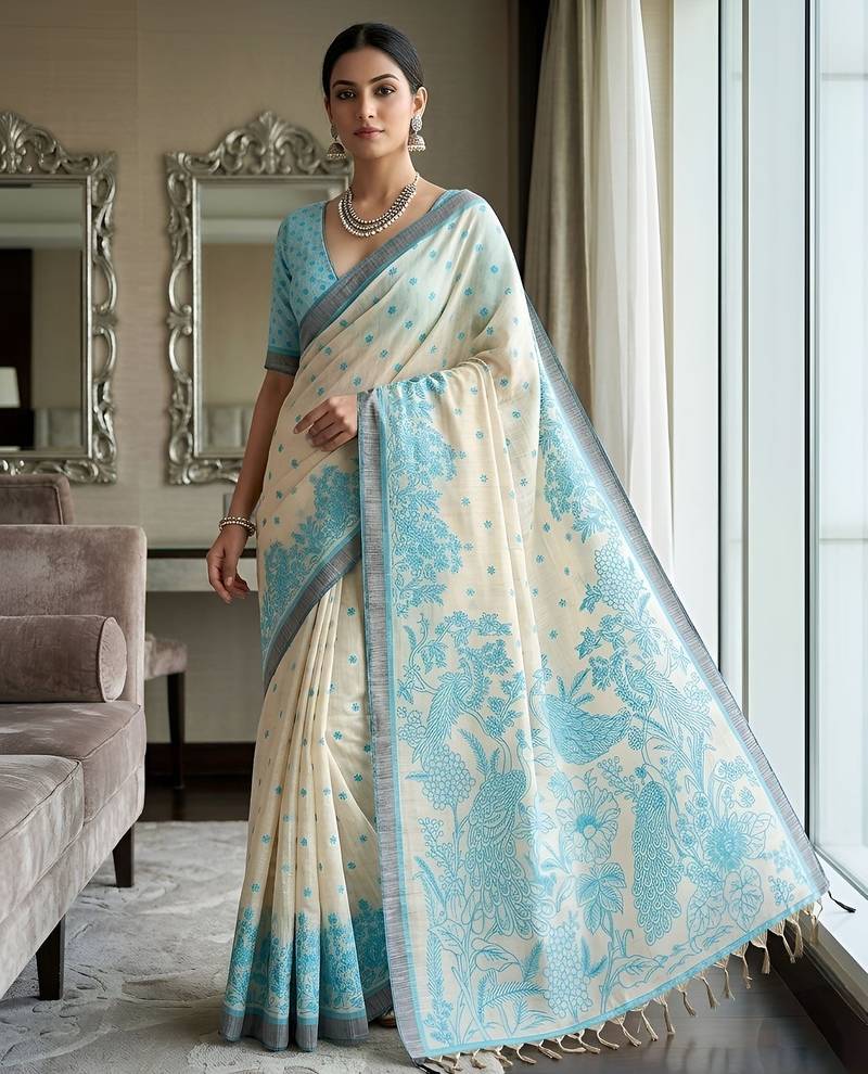 rama color cotton blend designer ethnic partywear saree