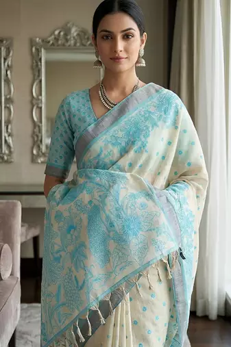 rama color cotton blend designer ethnic partywear saree