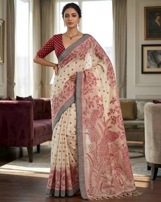 red color cotton blend designer ethnic partywear saree 1