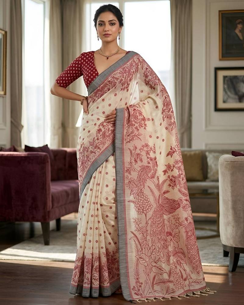 red color cotton blend designer ethnic partywear saree
