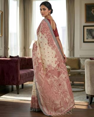 red color cotton blend designer ethnic partywear saree 2