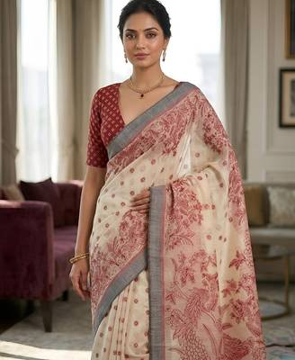 red color cotton blend designer ethnic partywear saree 3