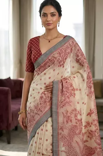 red color cotton blend designer ethnic partywear saree
