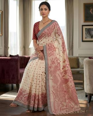 red color cotton blend designer ethnic partywear saree 4