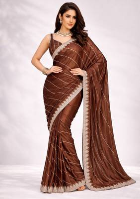 brown color crepe ready to wear partywear saree 1