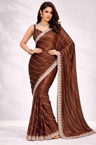 brown color crepe ready to wear partywear saree