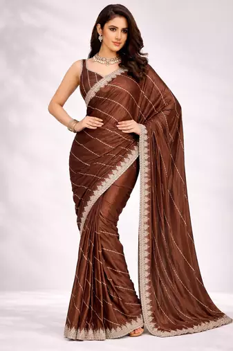 brown color crepe ready to wear partywear saree