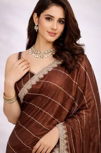 brown color crepe ready to wear partywear saree