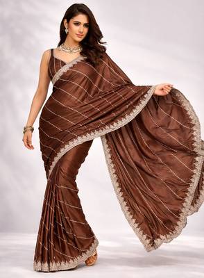 brown color crepe ready to wear partywear saree 3