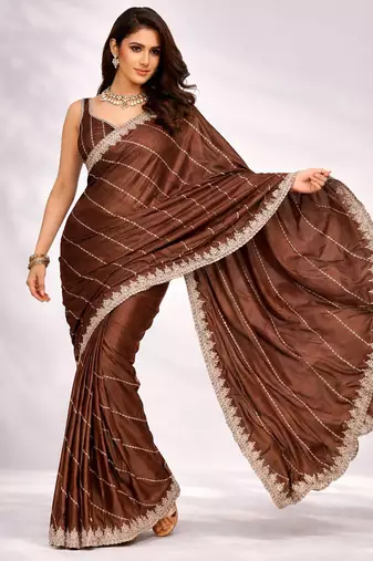 brown color crepe ready to wear partywear saree