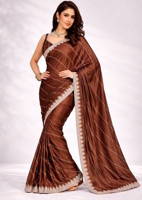 brown color crepe ready to wear partywear saree 4