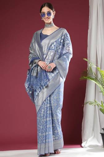 Ethnic Motifs Woven Design Zari Pure Linen Jamdani Saree