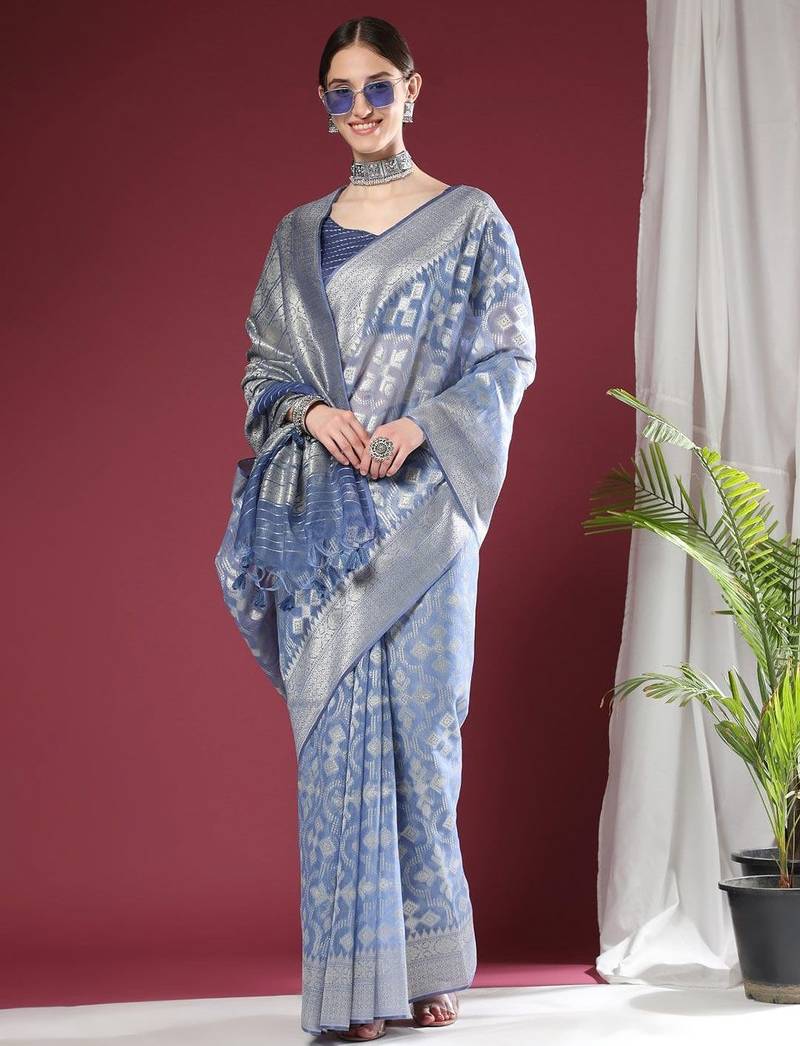 Ethnic Motifs Woven Design Zari Pure Linen Jamdani Saree