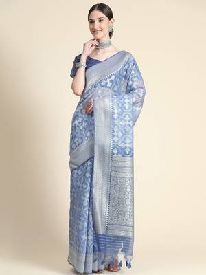 Ethnic Motifs Woven Design Zari Pure Linen Jamdani Saree 2