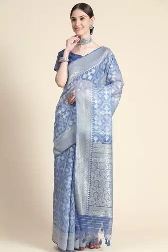 Ethnic Motifs Woven Design Zari Pure Linen Jamdani Saree