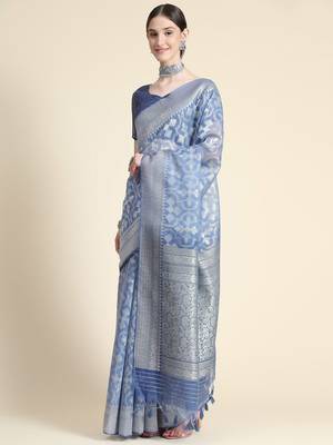 Ethnic Motifs Woven Design Zari Pure Linen Jamdani Saree 3