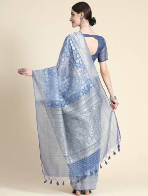 Ethnic Motifs Woven Design Zari Pure Linen Jamdani Saree 4