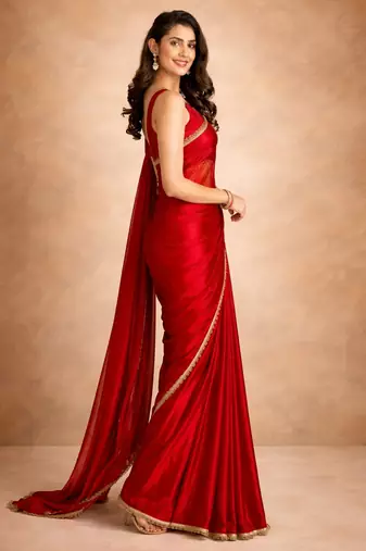 red color tissue ready to wear partywear saree