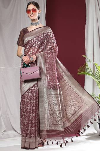 Ethnic Motifs Woven Design Zari Pure Linen Jamdani Saree