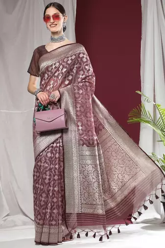 Ethnic Motifs Woven Design Zari Pure Linen Jamdani Saree
