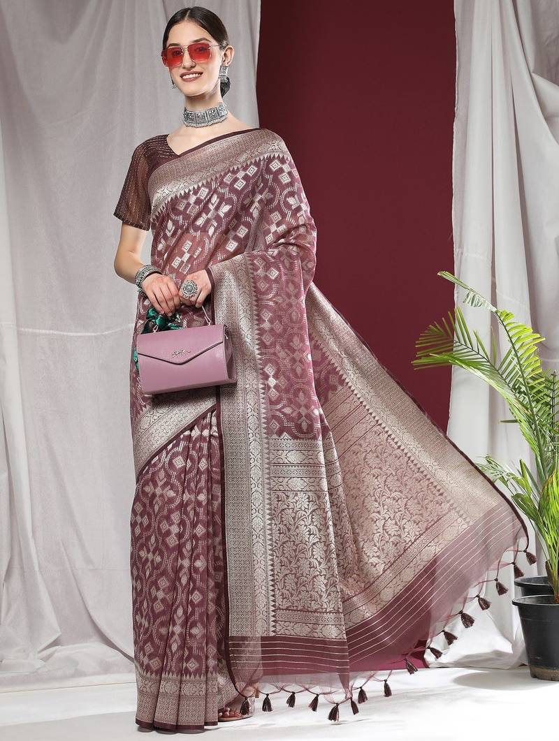 Ethnic Motifs Woven Design Zari Pure Linen Jamdani Saree