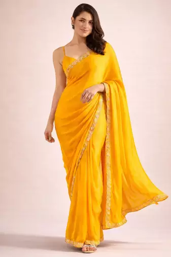 Yellow color satin fabric ready to wear partywear saree