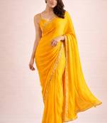 Yellow color satin fabric ready to wear partywear saree