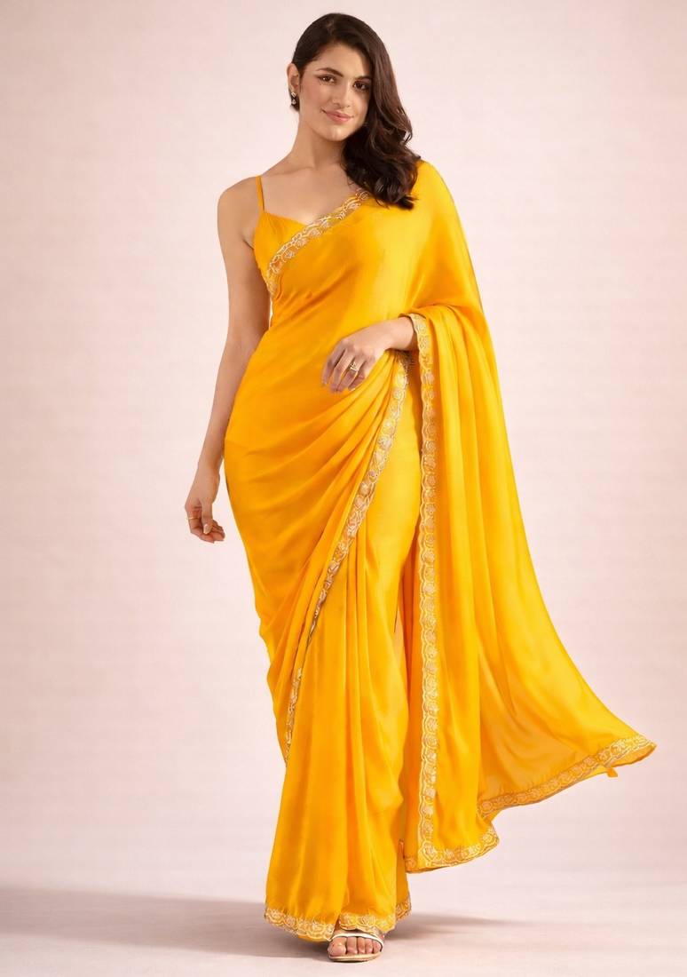 Yellow color satin fabric ready to wear partywear saree