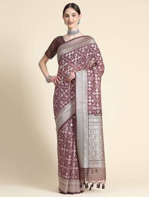 Ethnic Motifs Woven Design Zari Pure Linen Jamdani Saree 2