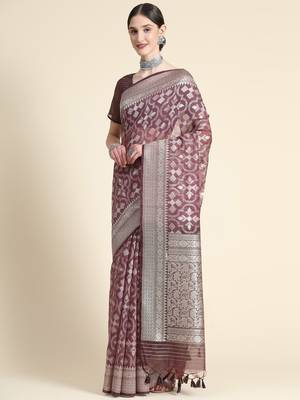 Ethnic Motifs Woven Design Zari Pure Linen Jamdani Saree 3