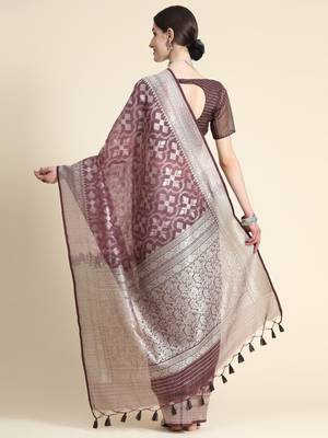 Ethnic Motifs Woven Design Zari Pure Linen Jamdani Saree 4