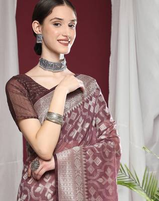 Ethnic Motifs Woven Design Zari Pure Linen Jamdani Saree 5