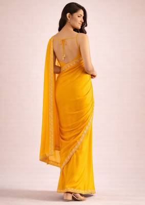 Yellow color satin fabric ready to wear partywear saree 2