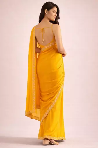 Yellow color satin fabric ready to wear partywear saree