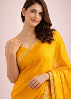 Yellow color satin fabric ready to wear partywear saree 3
