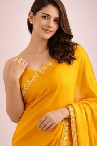 Yellow color satin fabric ready to wear partywear saree