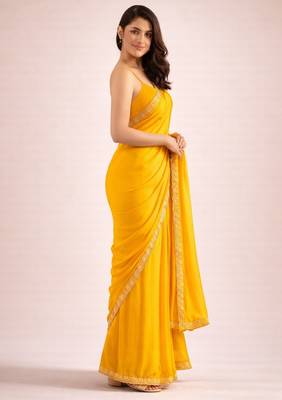 Yellow color satin fabric ready to wear partywear saree 4