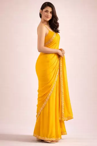 Yellow color satin fabric ready to wear partywear saree