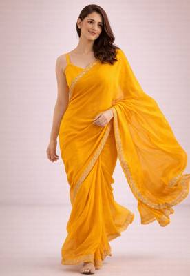 Yellow color satin fabric ready to wear partywear saree 5
