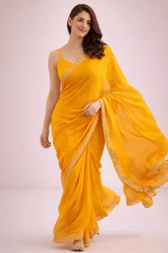 Yellow color satin fabric ready to wear partywear saree