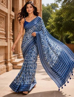 blue color cotton blend beautiful saree 5