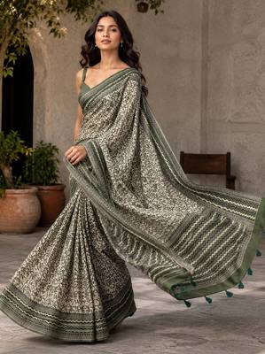 mahendi color cotton blend beautiful saree 4